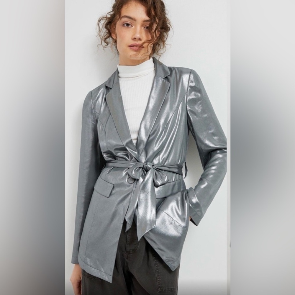Anthropologie Maeve  Zada metallic silver blazer jacket 8 petite new with tag